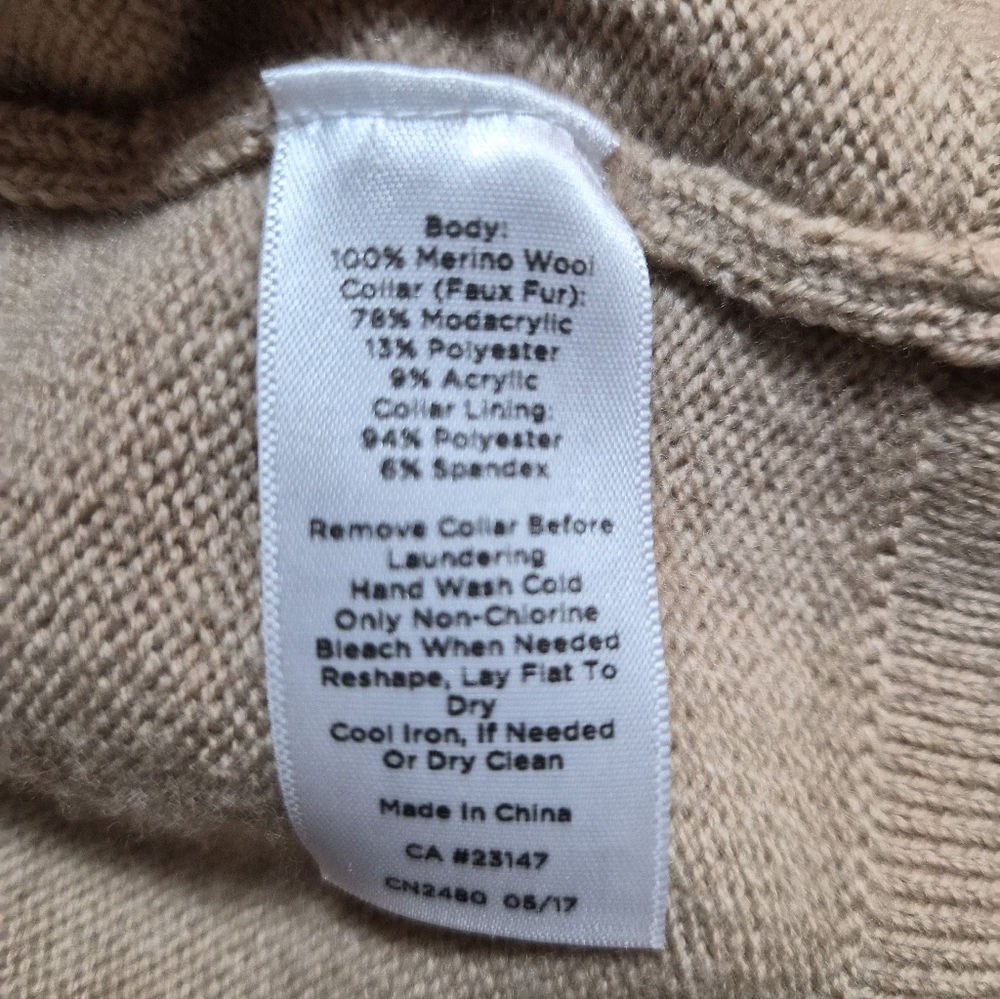 ​Talbots Petites 100% Merino Wool Cardigan with Faux Fur Collar LP Tan Belted - Picture 2 of 11